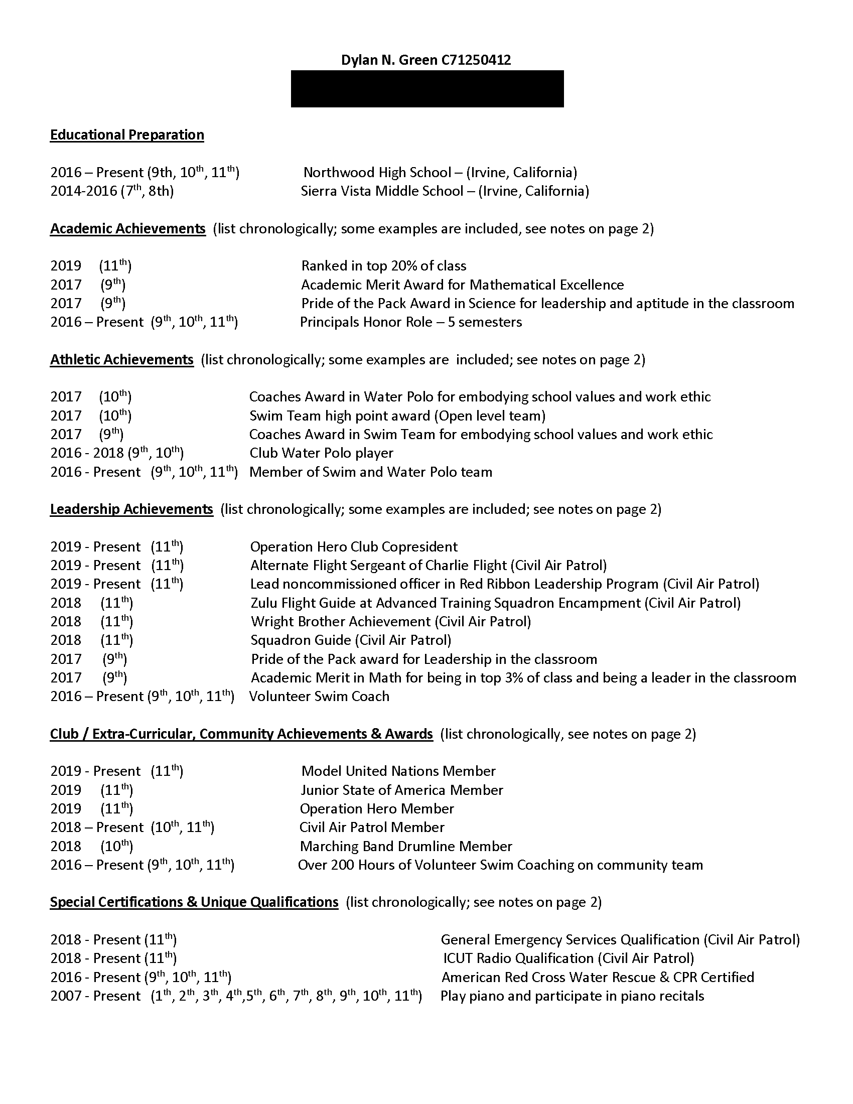 Pre-Inflection USMA Candidate Resume Page 1